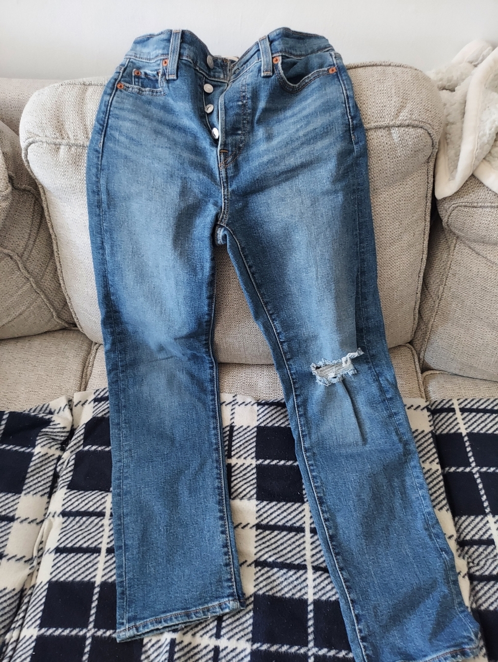 Levi's Medium Blue Straight-Leg Jeans with Knee Distress